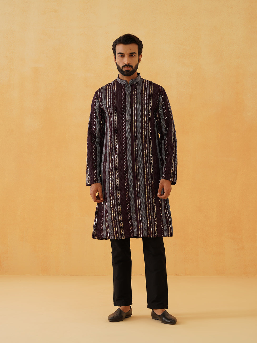 Men's Georgette sequinned embroidered Wine Kurta with Black Trouser