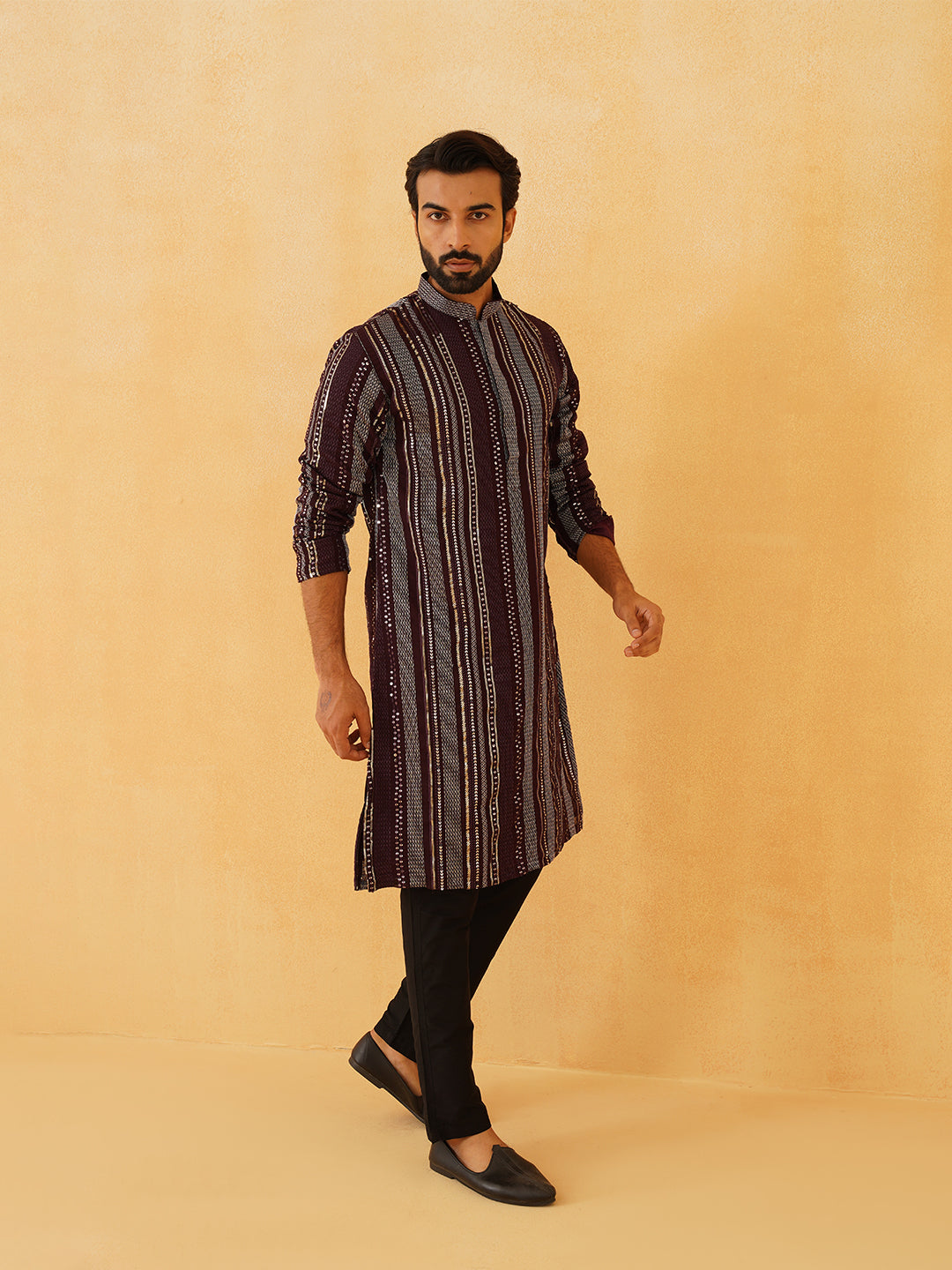 Men's Georgette sequinned embroidered Wine Kurta with Black Trouser