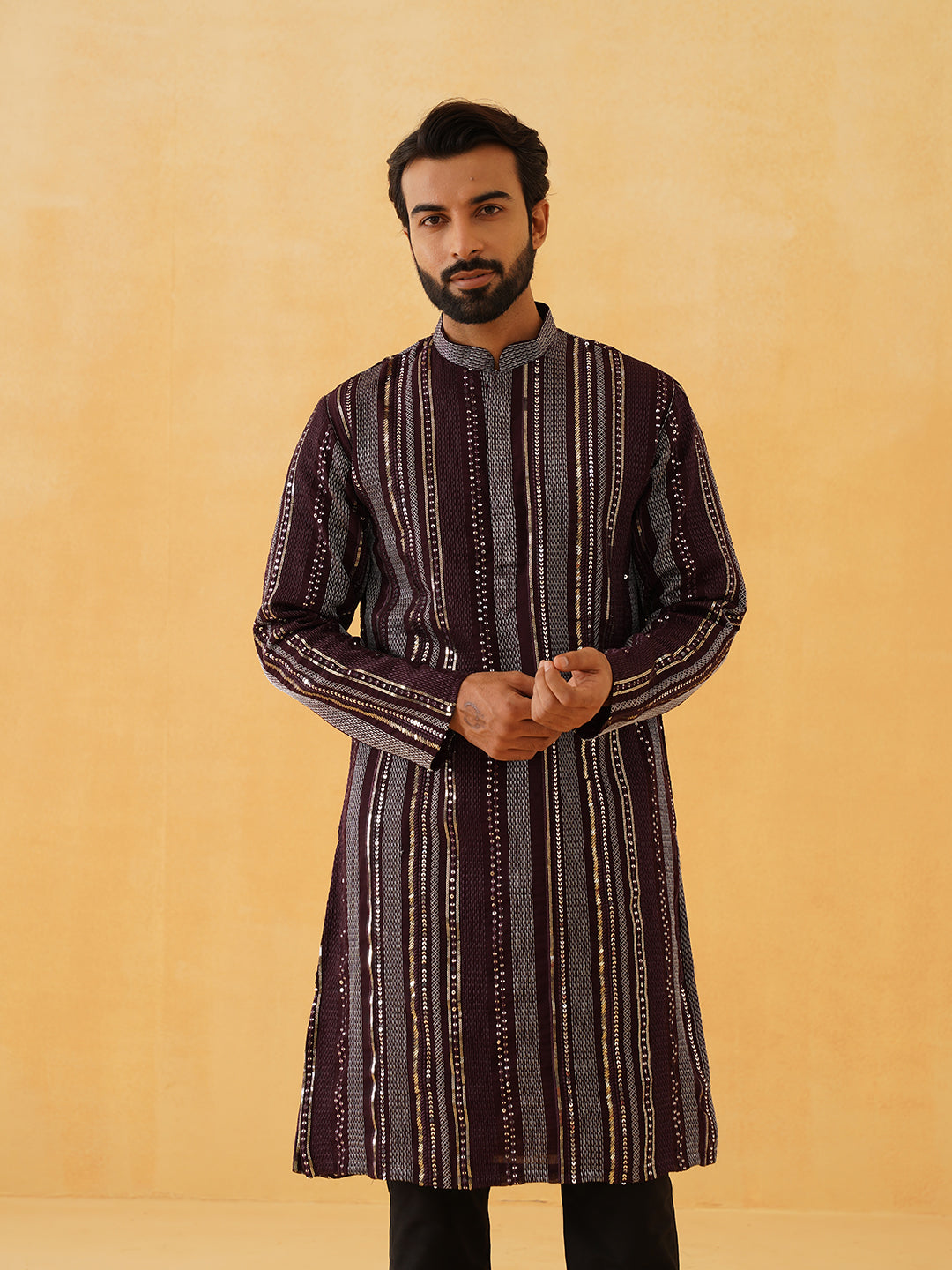 Men's Georgette sequinned embroidered Wine Kurta with Black Trouser