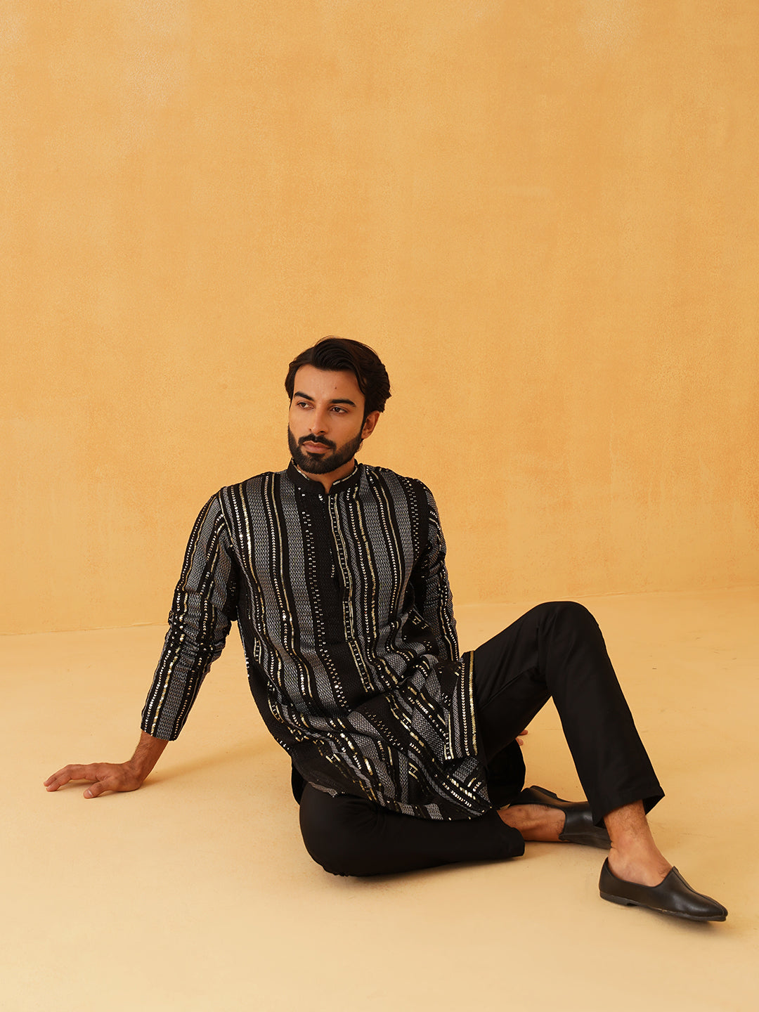 Men's Georgette sequinned embroidered Black Kurta with Black Trouser