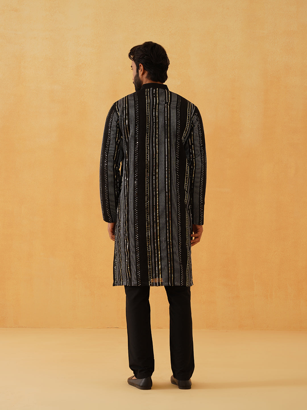 Men's Georgette sequinned embroidered Black Kurta with Black Trouser