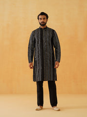 Men's Georgette sequinned embroidered Black Kurta with Black Trouser