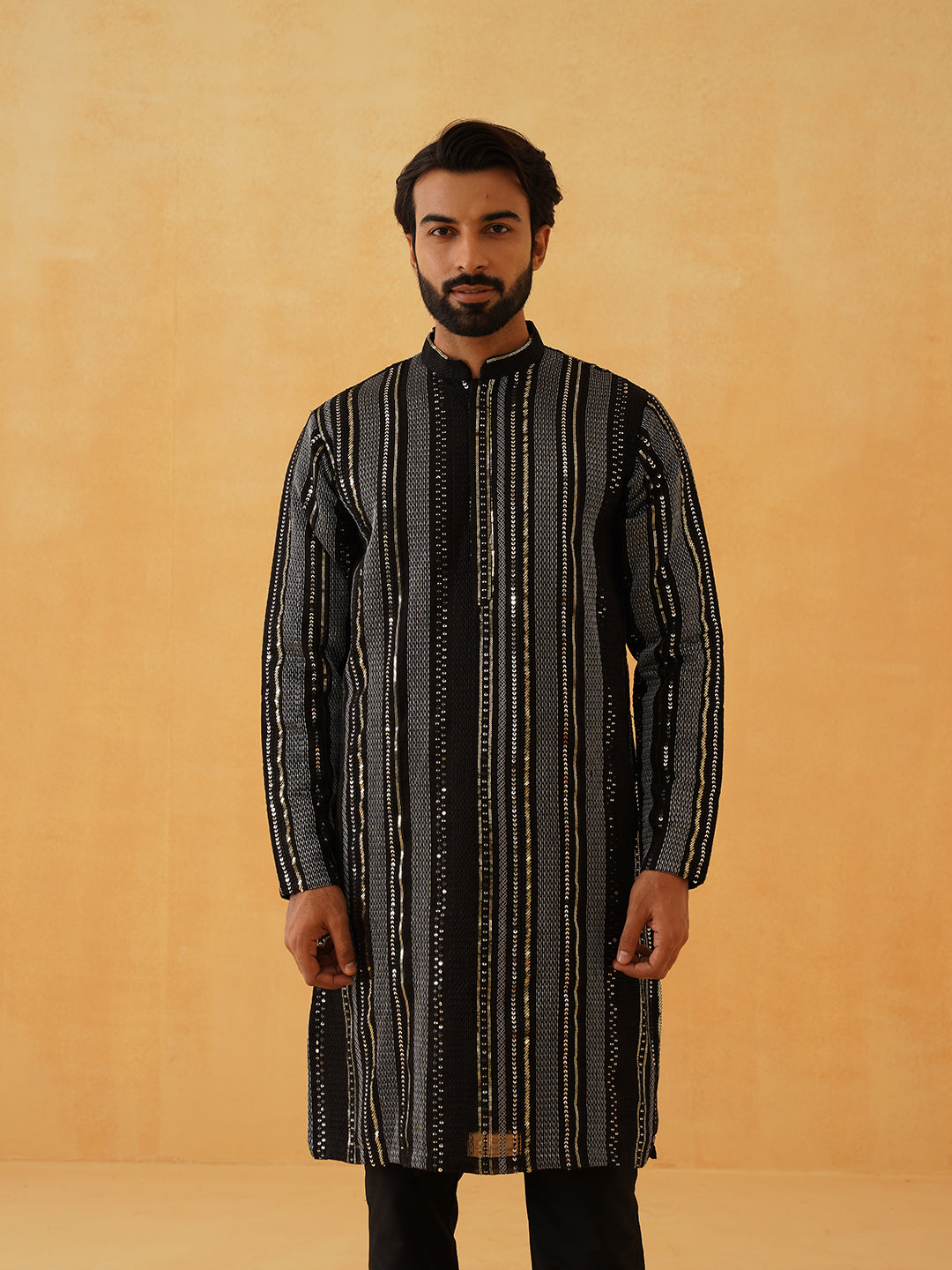 Men's Georgette sequinned embroidered Black Kurta with Black Trouser