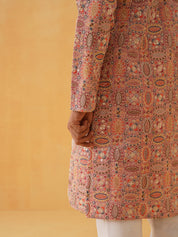 Men's Georgette Multi Embroidered Kashmiri Work Peach Long Kurta