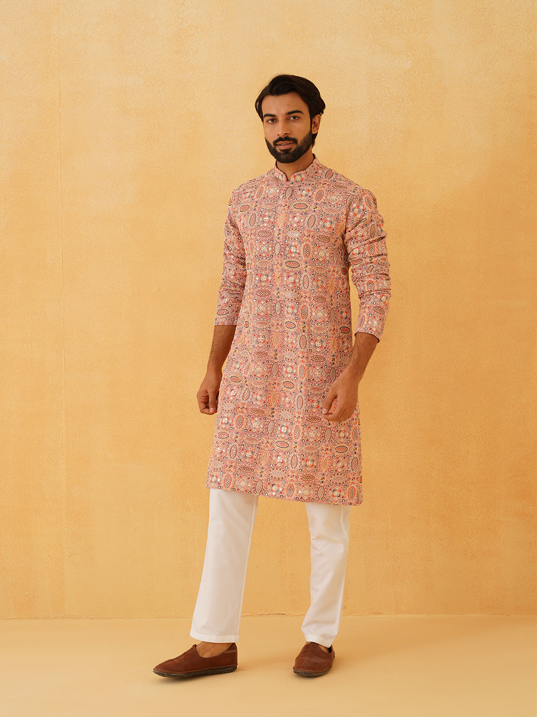 Men's Georgette Kashmiri Multi Embroidered Peach Kurta with White Trouser