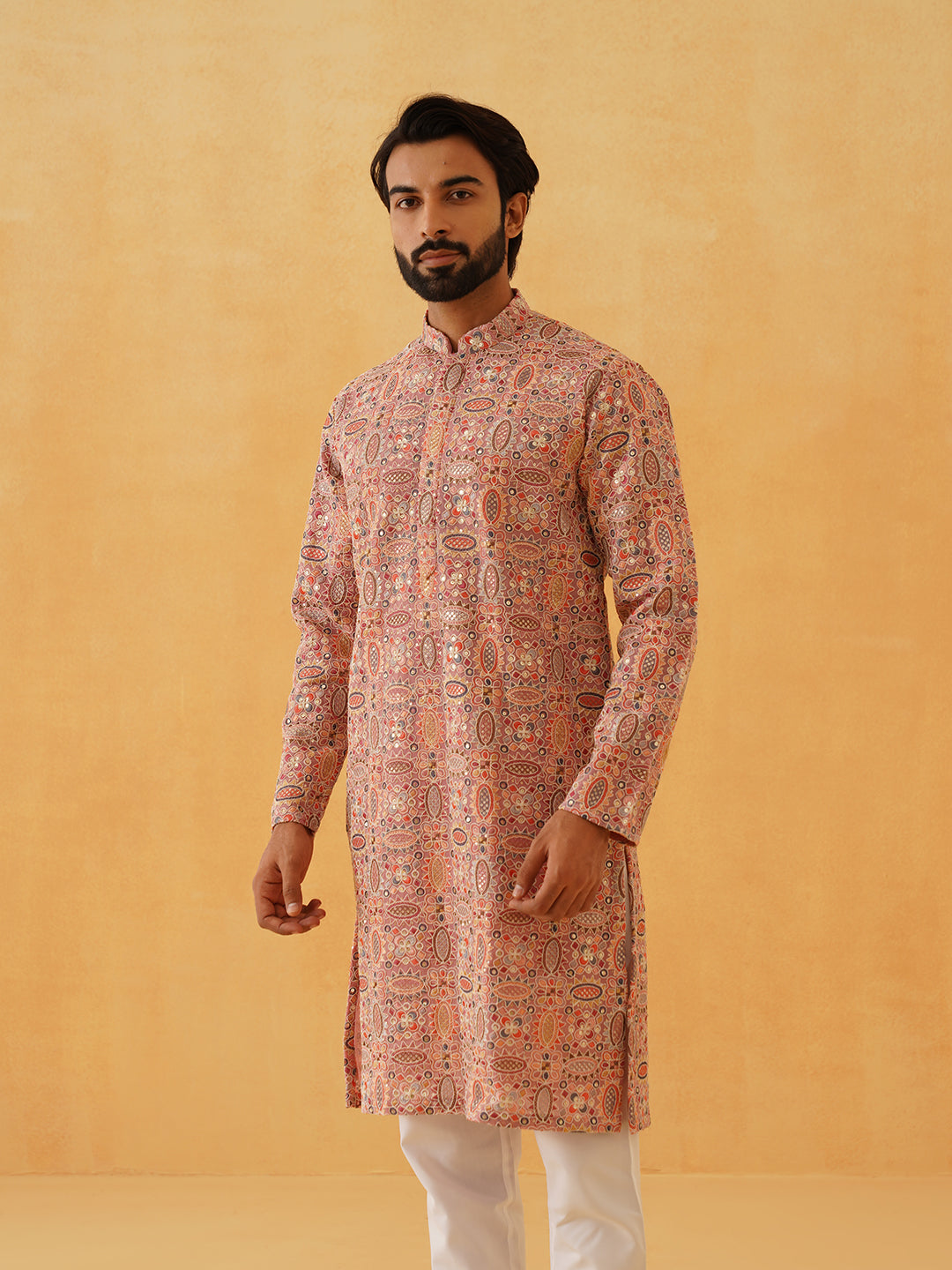 Men's Georgette Kashmiri Multi Embroidered Peach Kurta with White Trouser