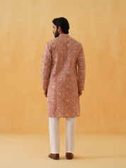 Men's Georgette Kashmiri Multi Embroidered Peach Kurta with White Trouser