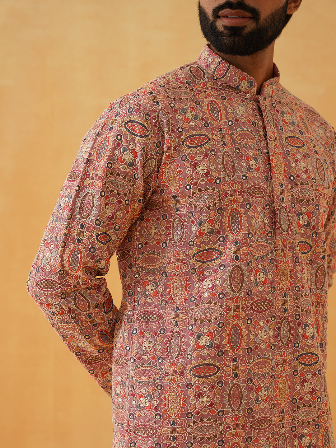 Men's Georgette Kashmiri Multi Embroidered Peach Kurta with White Trouser