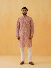 Men's Georgette Kashmiri Multi Embroidered Peach Kurta with White Trouser