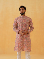 Men's Georgette Kashmiri Multi Embroidered Peach Kurta with White Trouser