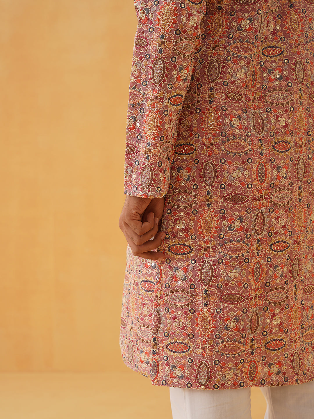 Men's Georgette Kashmiri Multi Embroidered Peach Kurta with White Trouser