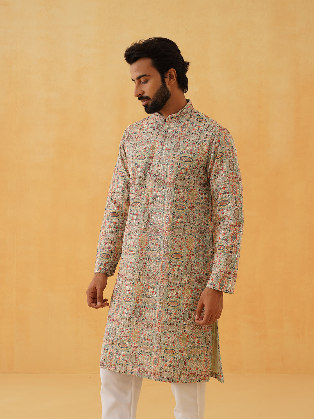 Men's Georgette Multi Embroidered Kashmiri Work Sea Green Long Kurta