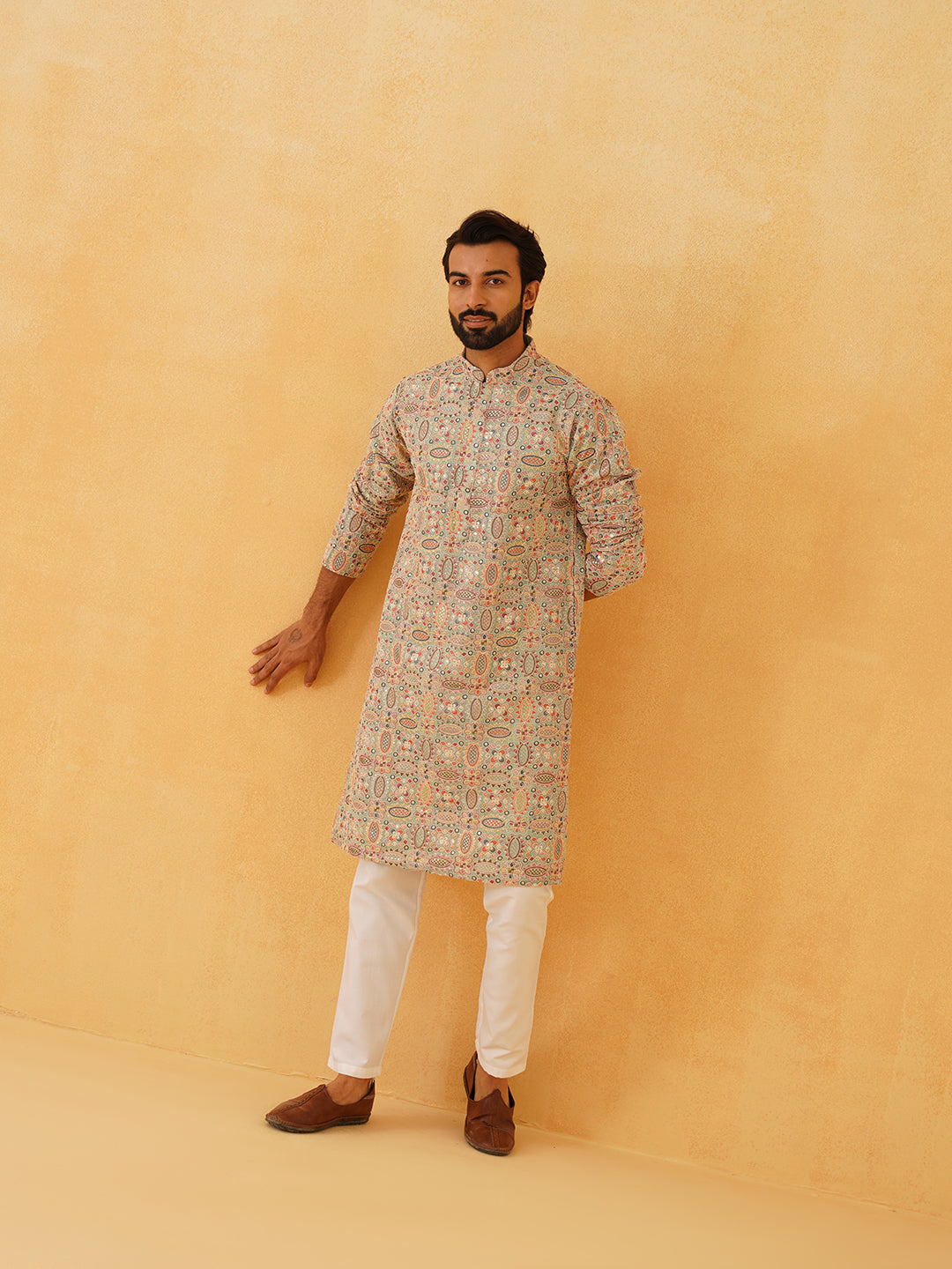 Men's Georgette Multi Embroidered Kashmiri Work Sea Green Long Kurta