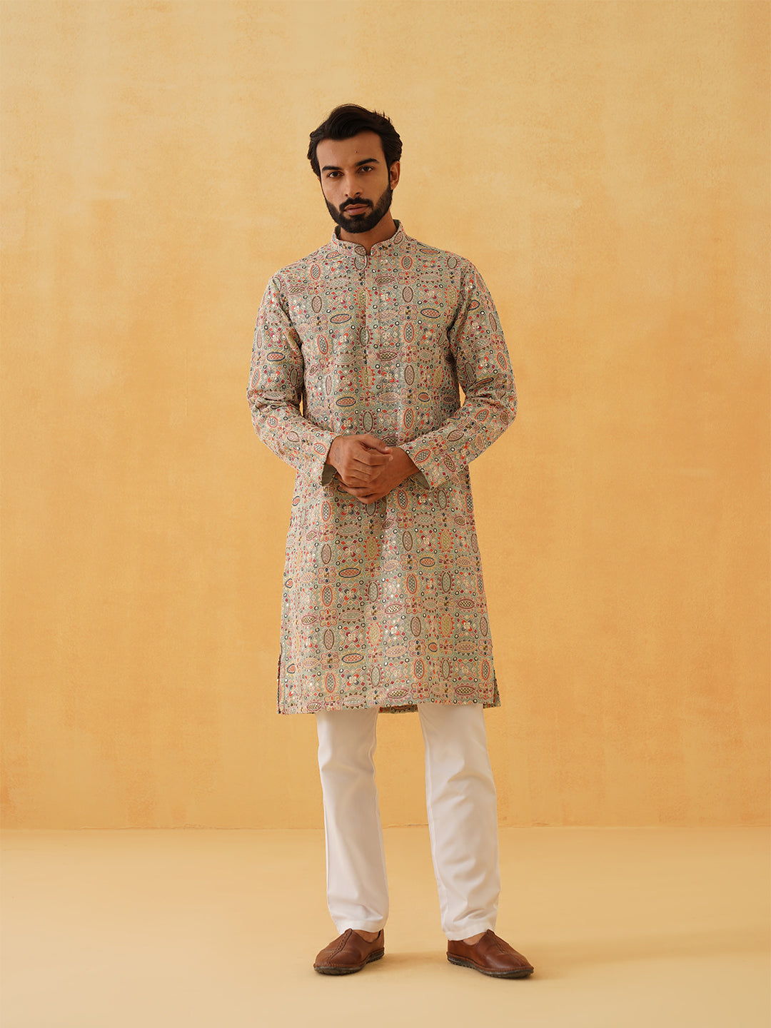 Men's Georgette Multi Embroidered Kashmiri Work Sea Green Long Kurta