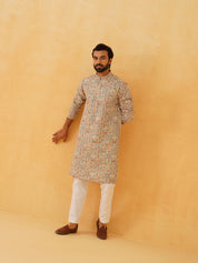 Men's Georgette Kashmiri Multi Embroidered Green Kurta with White Trouser