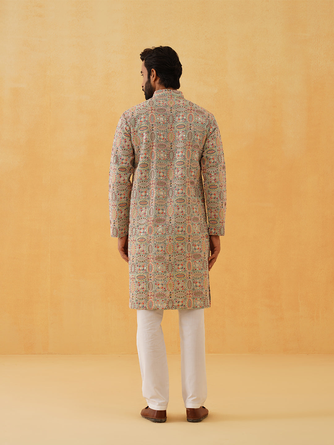 Men's Georgette Kashmiri Multi Embroidered Green Kurta with White Trouser