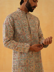 Men's Georgette Kashmiri Multi Embroidered Green Kurta with White Trouser