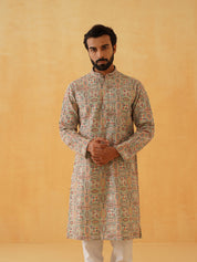 Men's Georgette Kashmiri Multi Embroidered Green Kurta with White Trouser