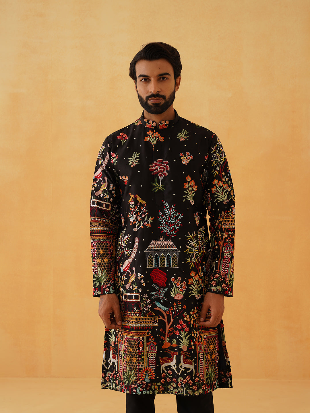 Men's Cotton Satin Persian Embroidered Black & Multi Long Kurta