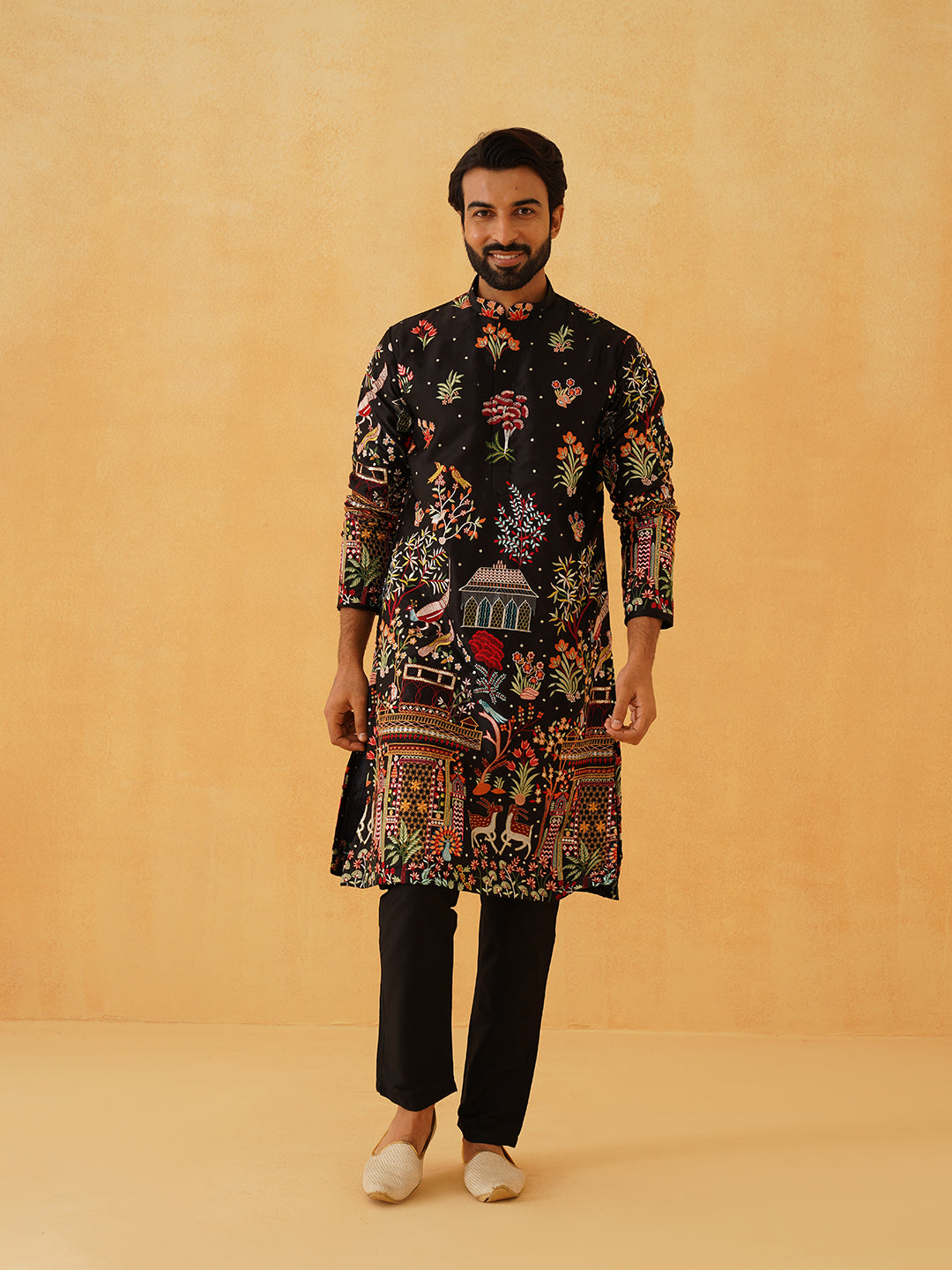 Men's Cotton Satin Persian Embroidered Black & Multi Long Kurta