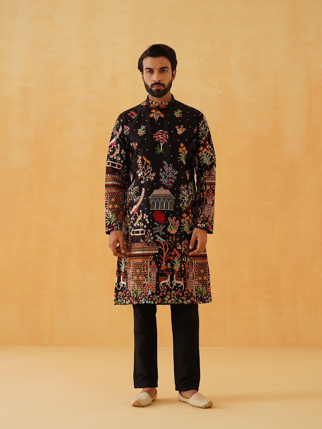 Men's Cotton Satin Persian Embroidered Black & Multi Long Kurta