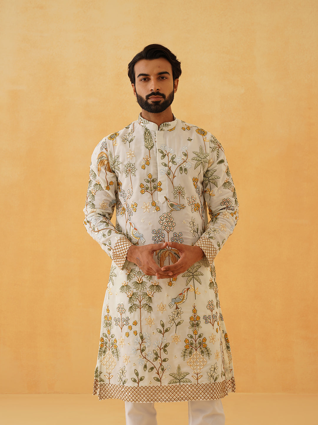 Men's Georgette Persian Embroidered Cream & Multi Long Kurta