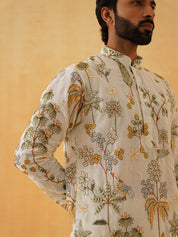 Men's Georgette Persian Embroidered Cream & Multi Long Kurta