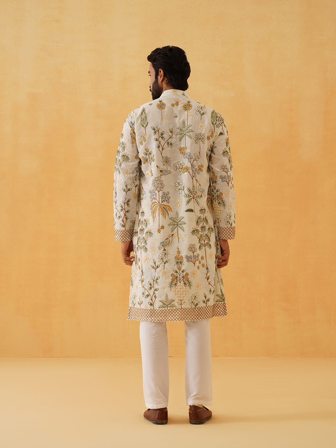 Men's Georgette Persian Embroidered Cream & Multi Long Kurta