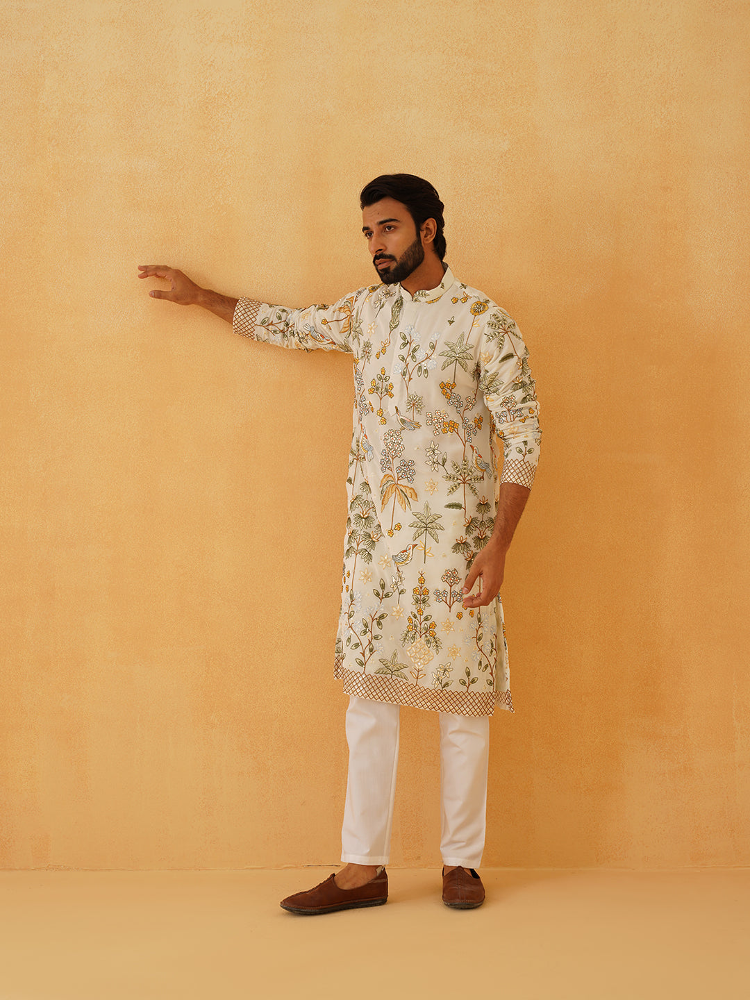 Men's Georgette Persian Embroidered Cream & Multi Long Kurta