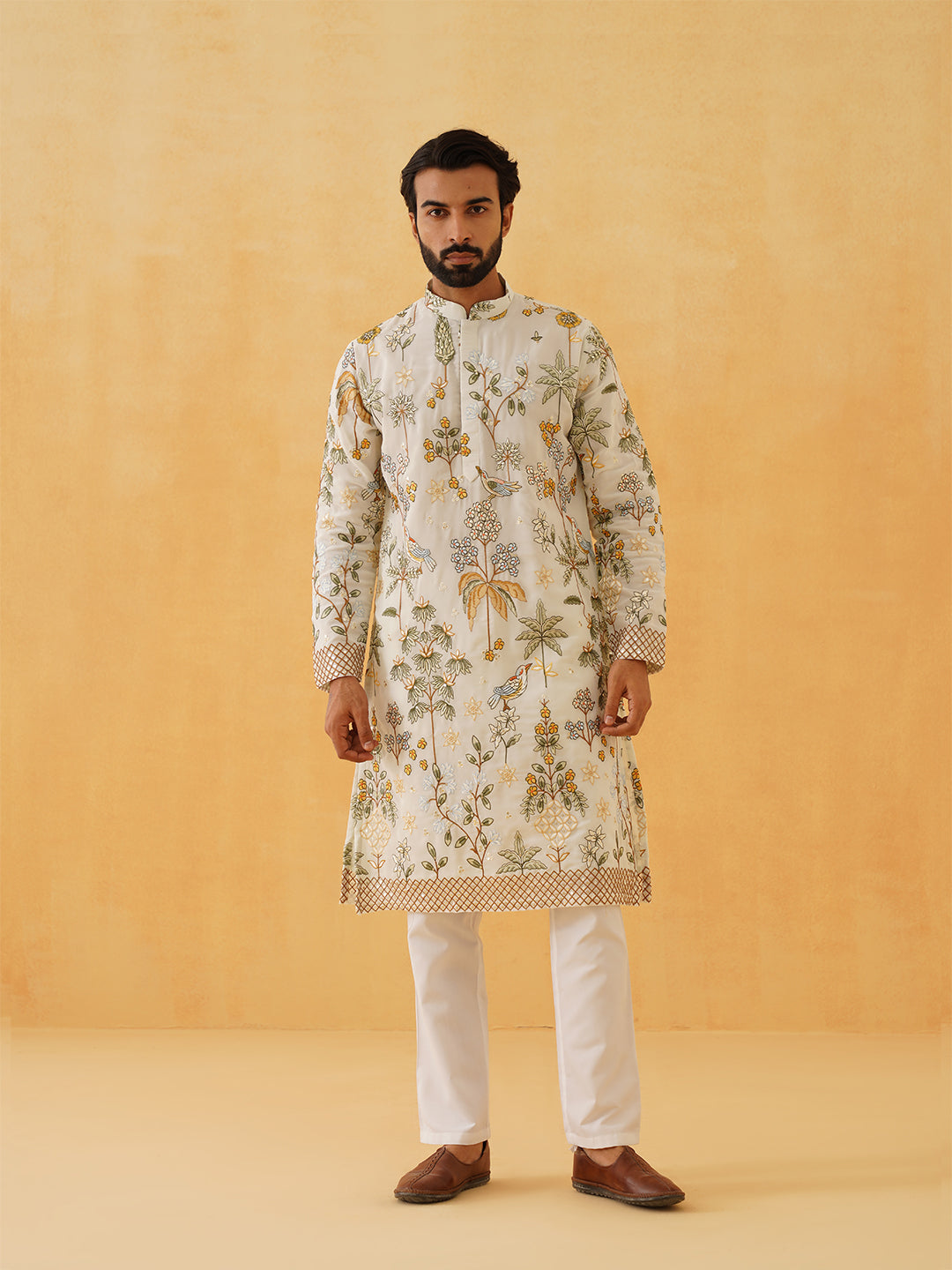 Men's Georgette Persian Embroidered Cream & Multi Kurta with Cream Trouser