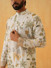 Men's Georgette Persian Embroidered Cream & Multi Kurta with Cream Trouser