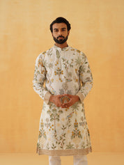 Men's Georgette Persian Embroidered Cream & Multi Kurta with Cream Trouser