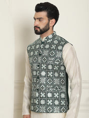 Men's Premium Silk Box Embroidered Green Nehru Jacket