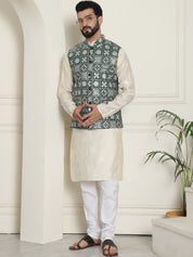 Men's Premium Silk Box Embroidered Green Nehru Jacket