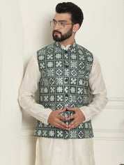 Men's Premium Silk Box Embroidered Green Nehru Jacket