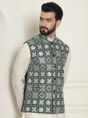 Men's Premium Silk Box Embroidered Green Nehru Jacket