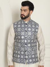 Men's Premium Silk Box Embroidered Grey Nehru Jacket