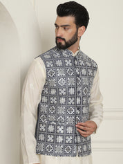 Men's Premium Silk Box Embroidered Grey Nehru Jacket