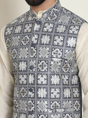 Men's Premium Silk Box Embroidered Grey Nehru Jacket