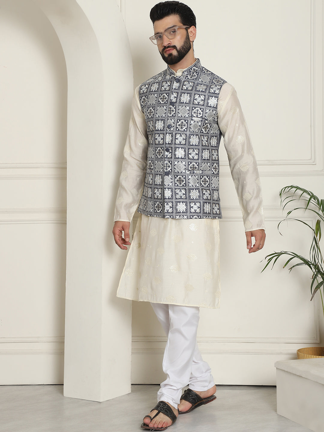 Men's Premium Silk Box Embroidered Grey Nehru Jacket