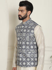 Men's Premium Silk Box Embroidered Grey Nehru Jacket