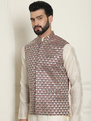 Men's Premium Silk Multi Colored Embroidered Maroon Nehru Jacket