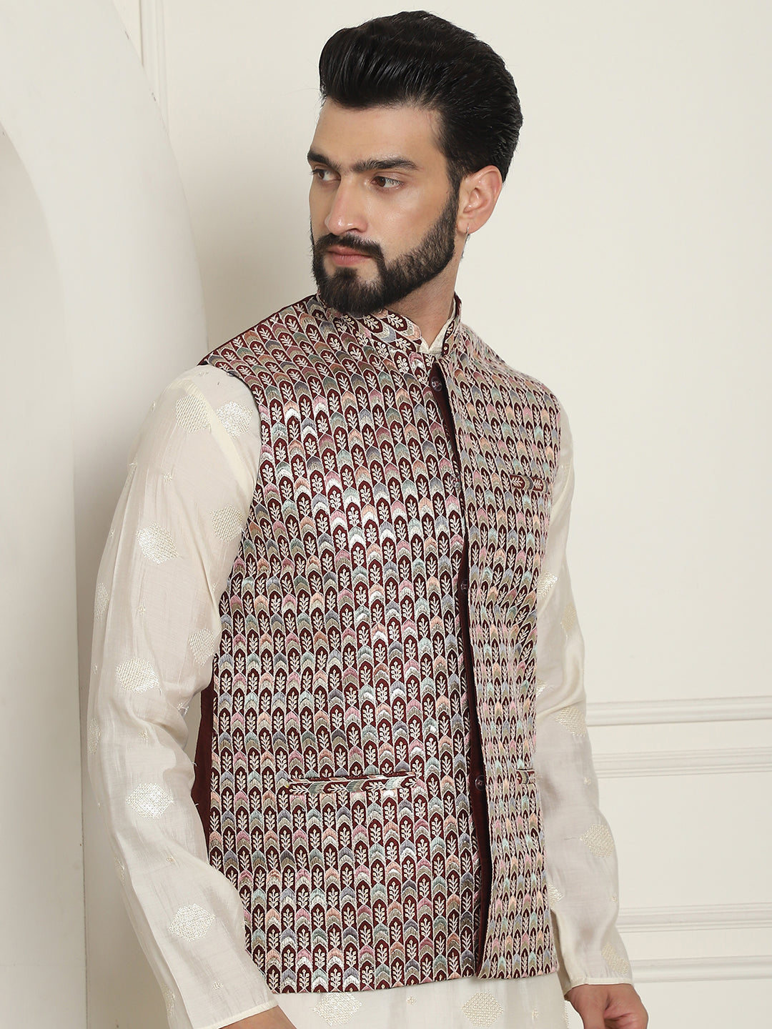 Men's Premium Silk Multi Colored Embroidered Maroon Nehru Jacket