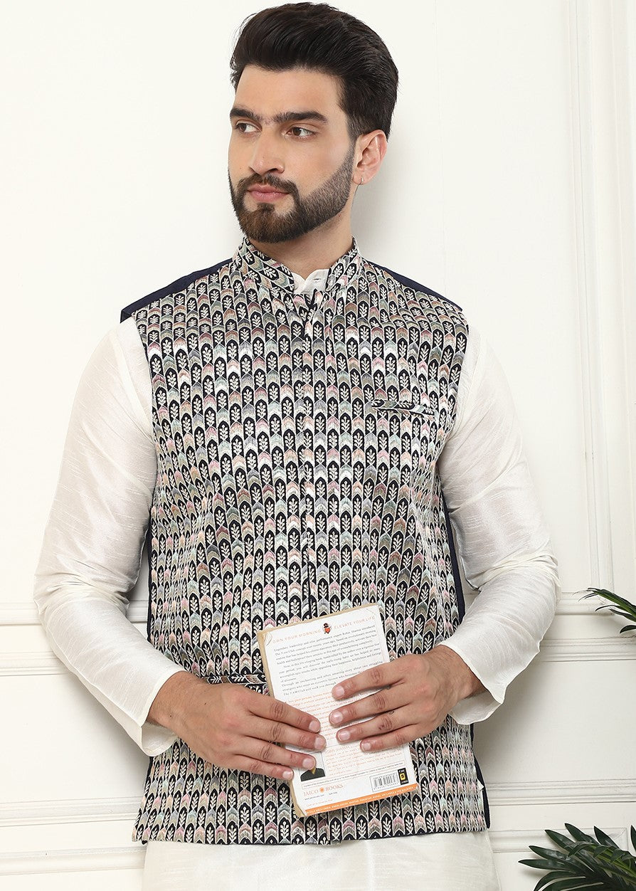 Men's Premium Silk Multi Colored Embroidered Navy Blue Nehru Jacket