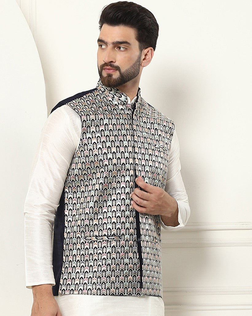 Men's Premium Silk Multi Colored Embroidered Navy Blue Nehru Jacket