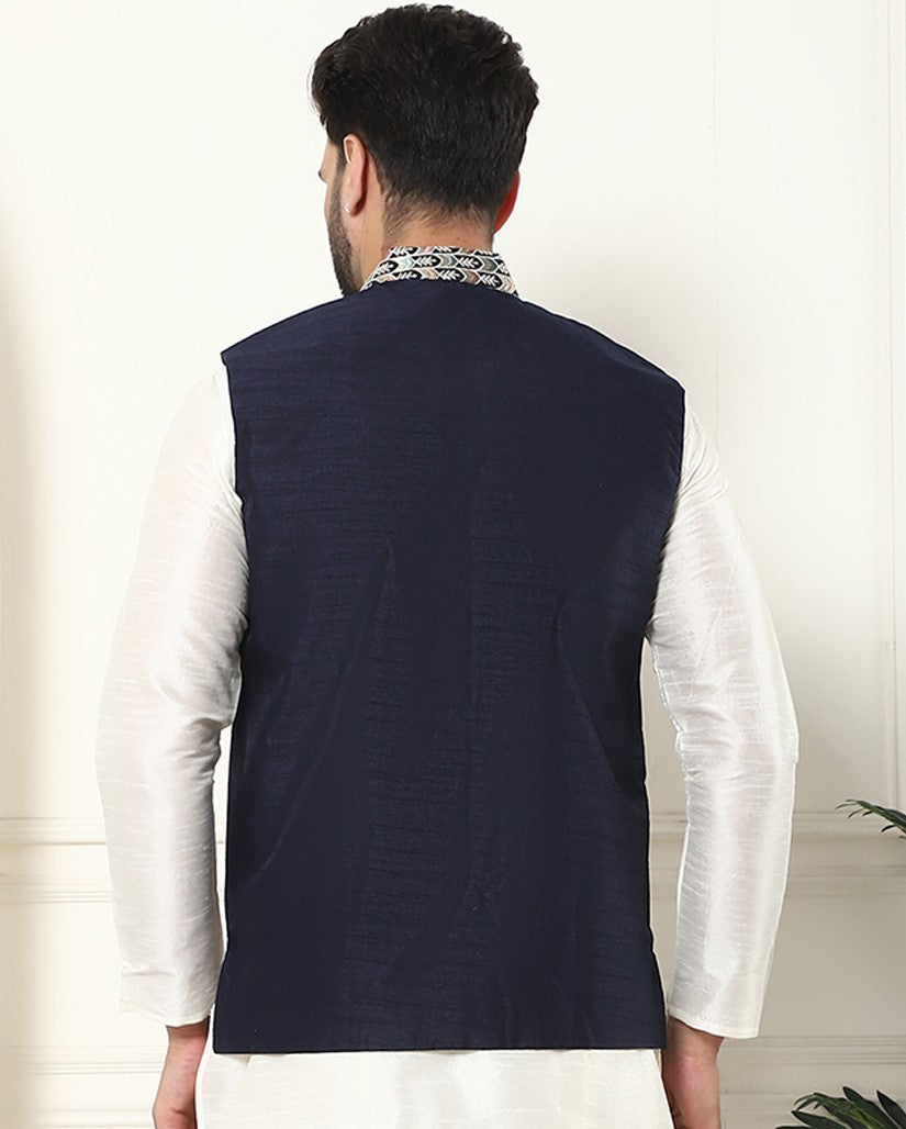 Men's Premium Silk Multi Colored Embroidered Navy Blue Nehru Jacket