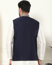 Men's Premium Silk Multi Colored Embroidered Navy Blue Nehru Jacket