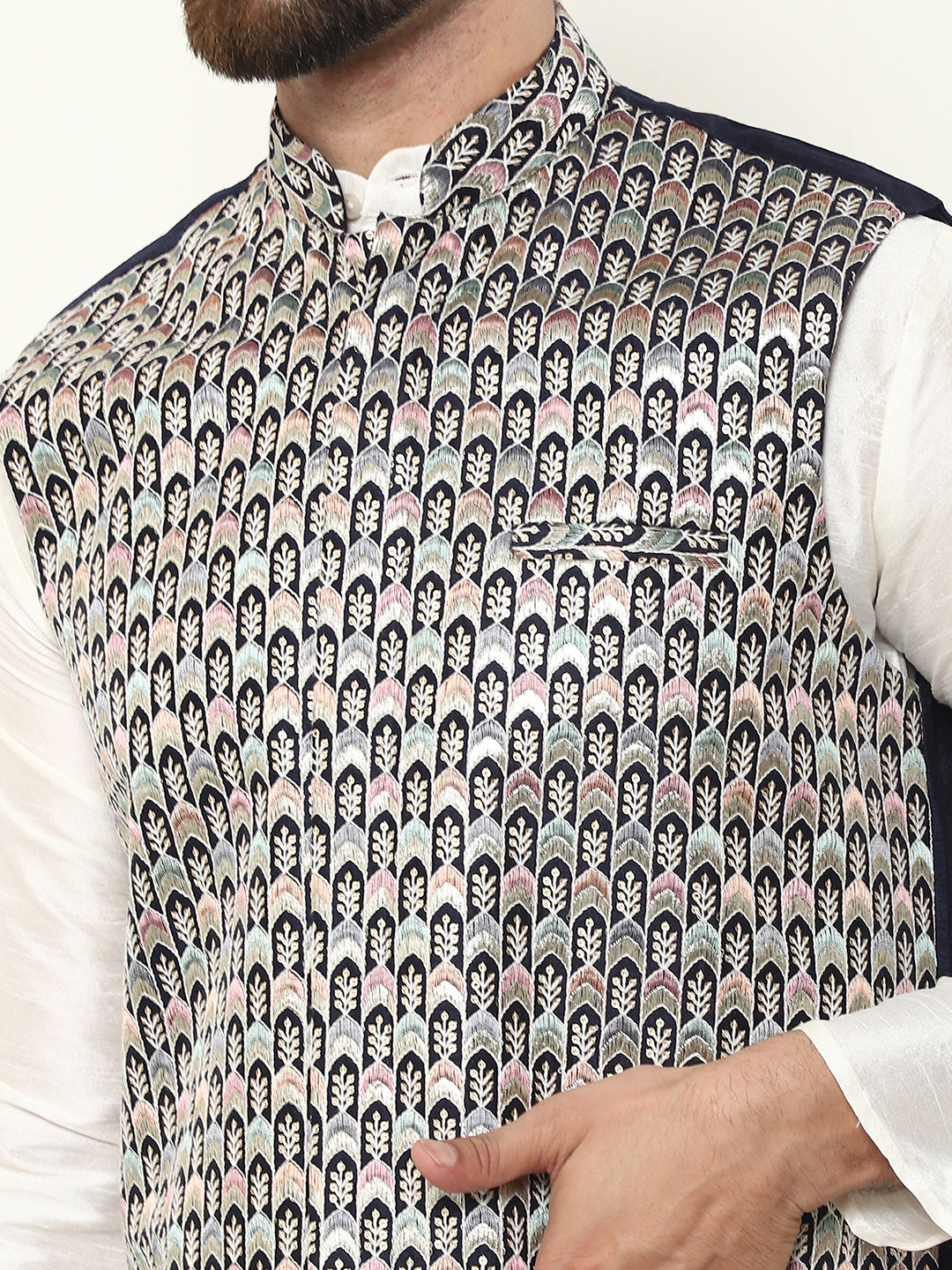 Men's Premium Silk Multi Colored Embroidered Navy Blue Nehru Jacket