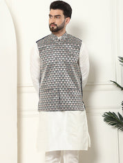 Men's Premium Silk Multi Colored Embroidered Navy Blue Nehru Jacket