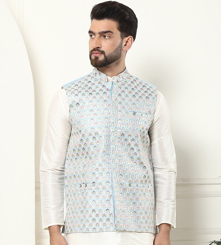 Men's Premium Silk Multi Colored Embroidered Sky Blue Nehru Jacket